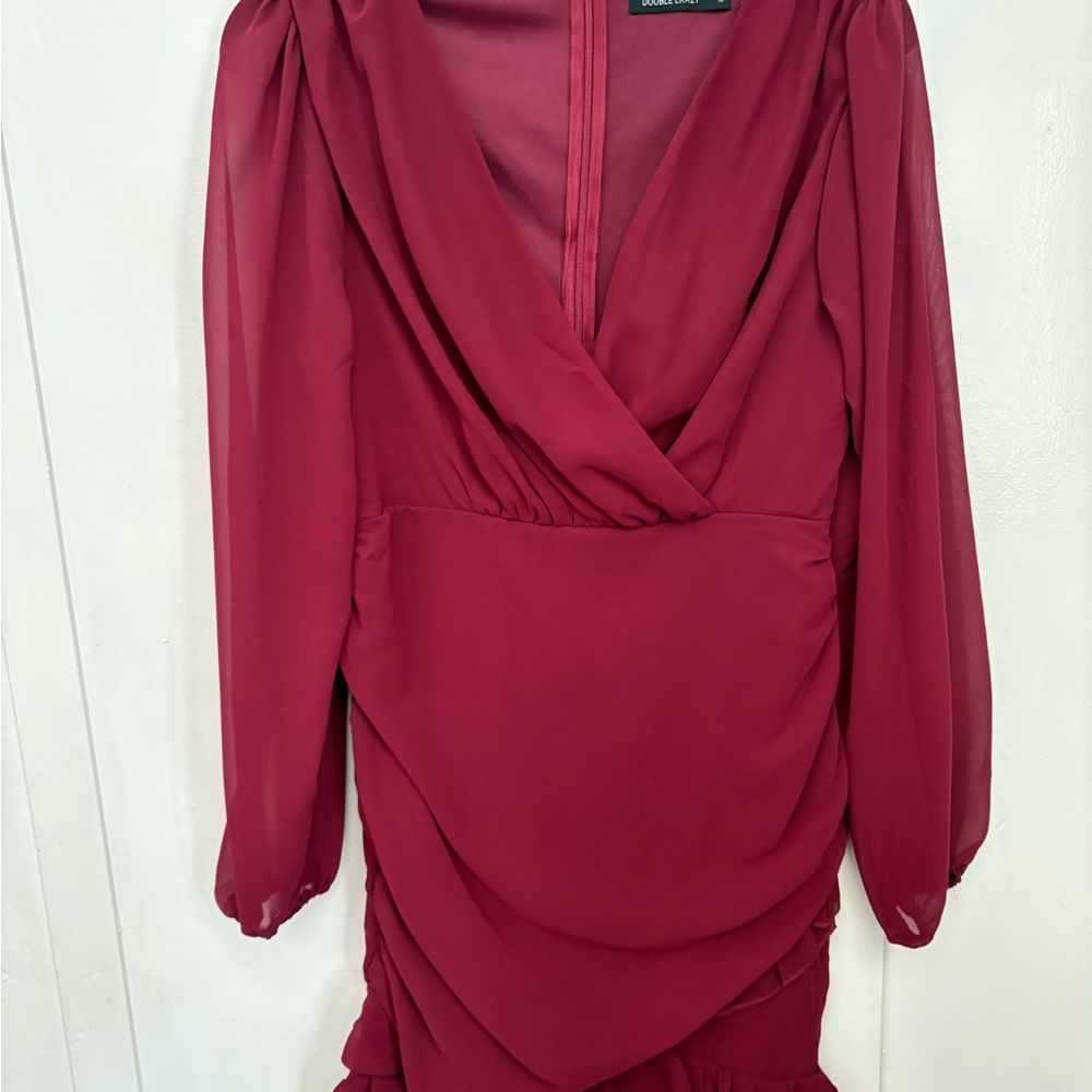 Burgundy Ruched Sheath Dress with Long Bishop Sleeves